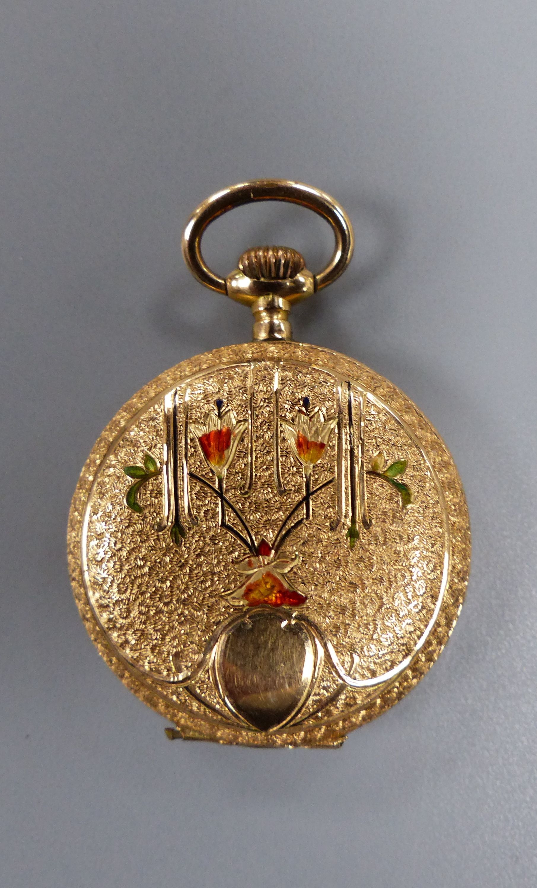 An early 20th century continental 585 yellow metal and enamelled fob watch, case diameter 30mm, gross 19.5 grams (a.f.).